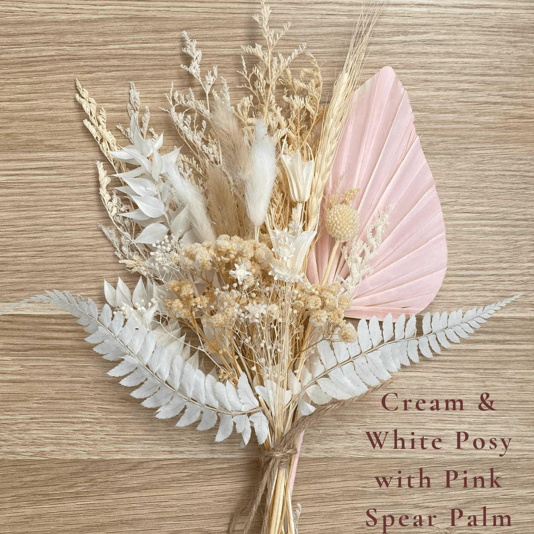 Dried Flower Bouquet Cake Topper - Cream and White with Pink Spear Palm Colour - Dried Flowers - The Sprinkle Bar