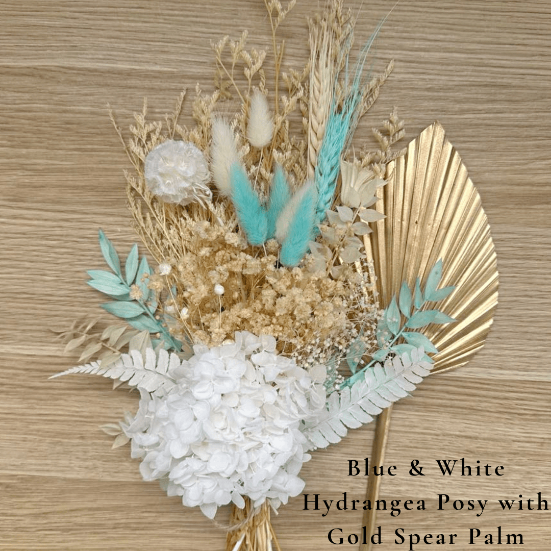 Dried Flower Bouquet Cake Topper with Hydrangea - Blue and White in 3 Palm Colours - Dried Flowers - The Sprinkle Bar