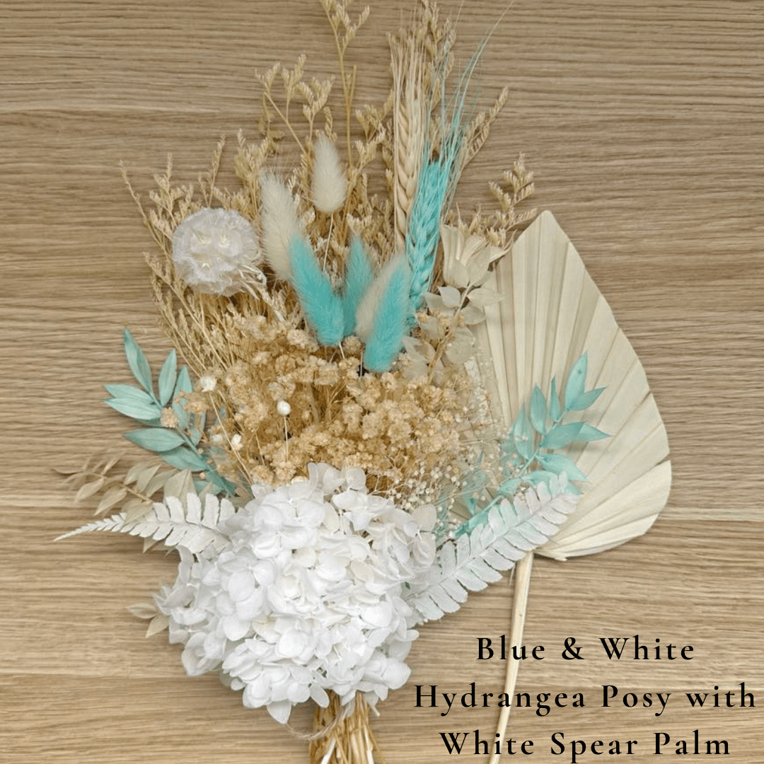Dried Flower Bouquet Cake Topper with Hydrangea - Blue and White in 3 Palm Colours - Dried Flowers - The Sprinkle Bar
