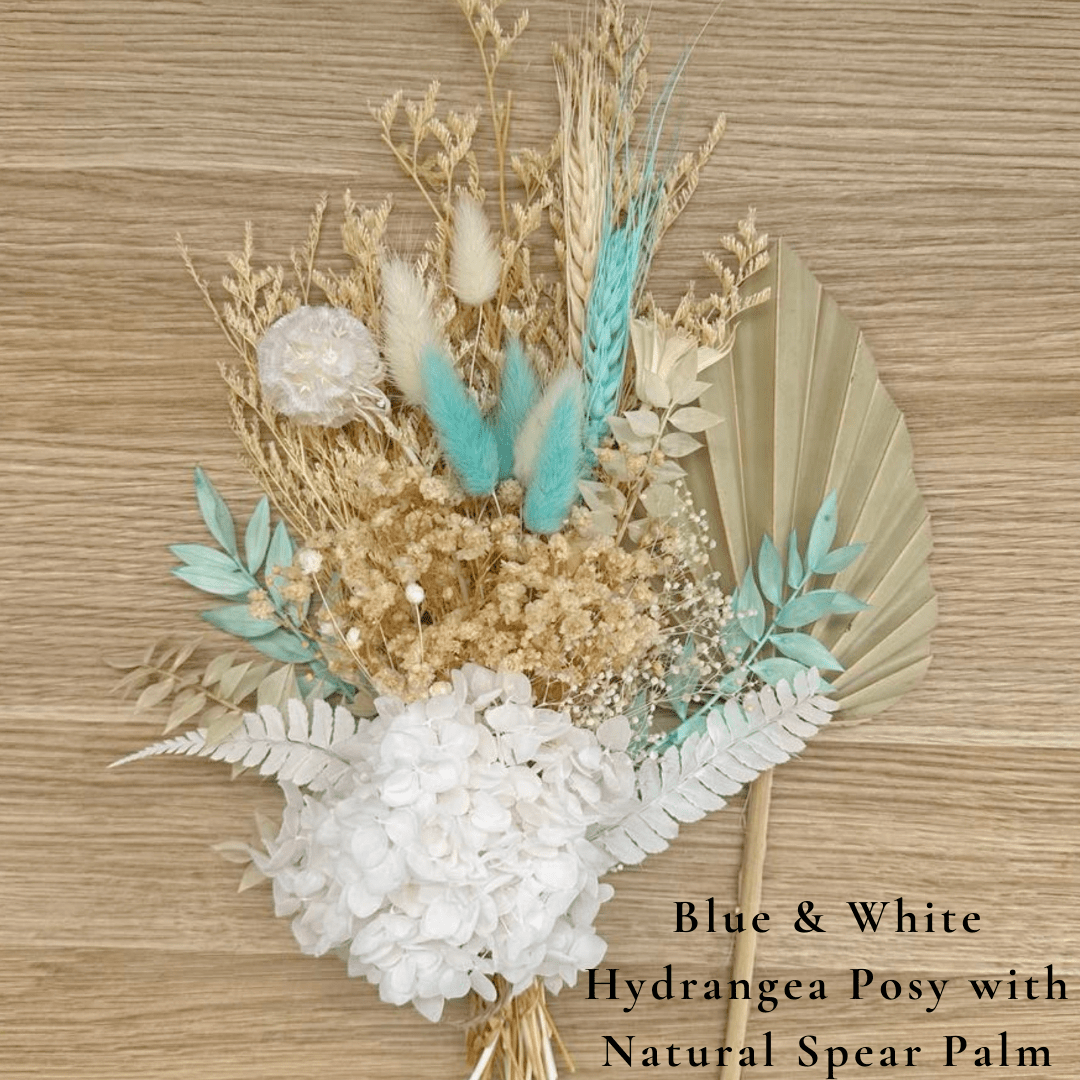 Dried Flower Bouquet Cake Topper with Hydrangea - Blue and White in 3 Palm Colours - Dried Flowers - The Sprinkle Bar
