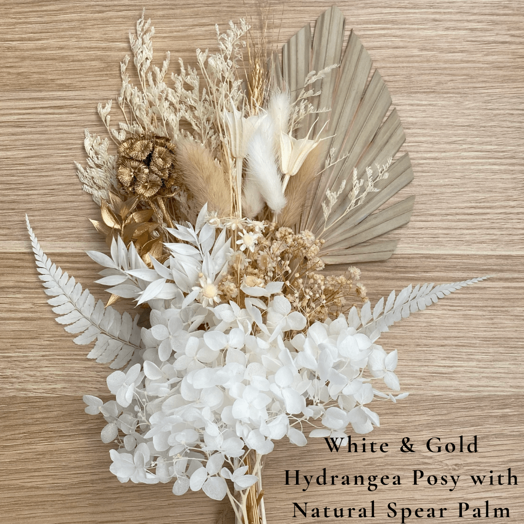 Dried Flower Bouquet Cake Topper with Hydrangea - Gold and White (with Natural Palm Colour - Dried Flowers - The Sprinkle Bar