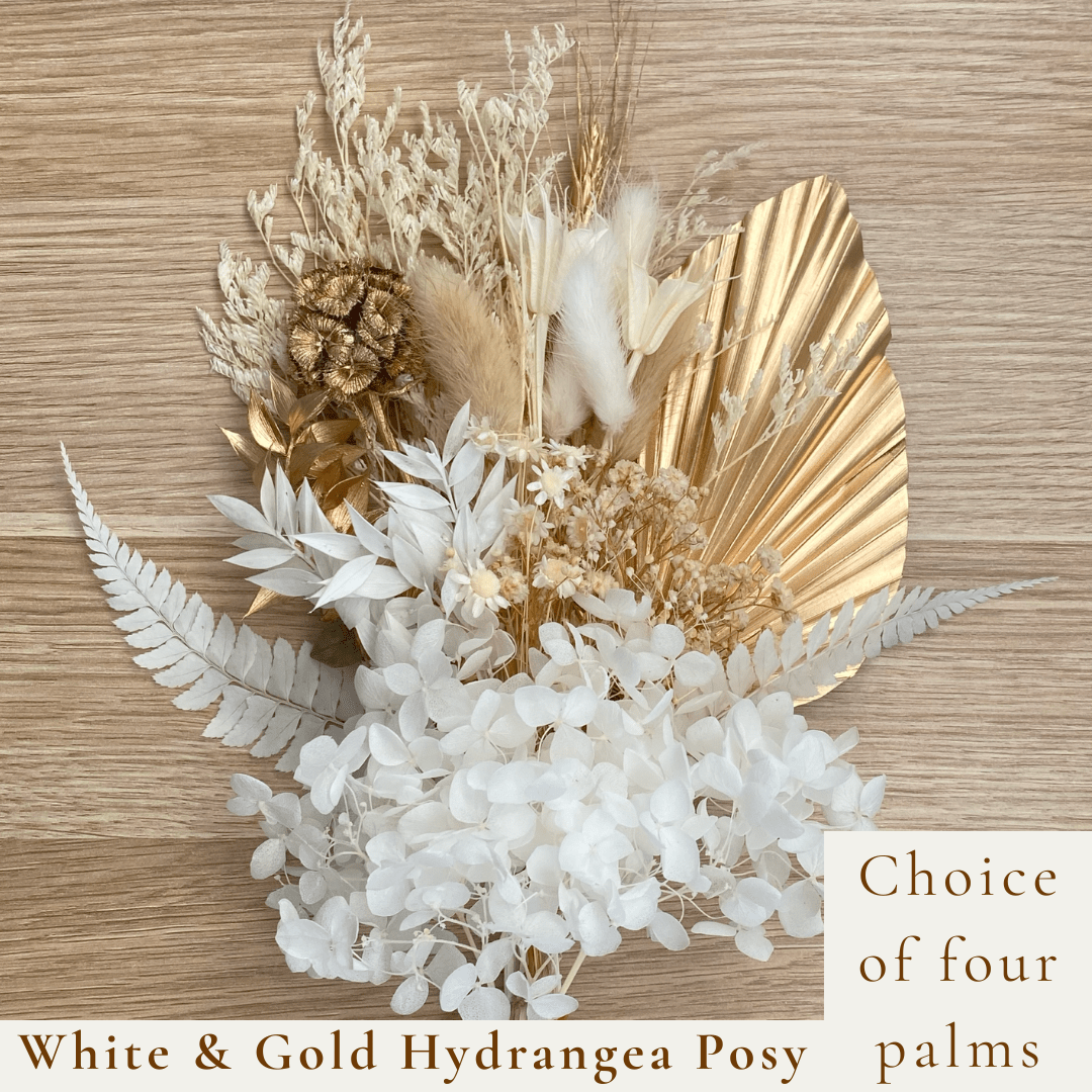Dried Flower Bouquet Cake Topper with Hydrangea - Gold and White in 4 Spear Palm Colours - Dried Flowers - The Sprinkle Bar