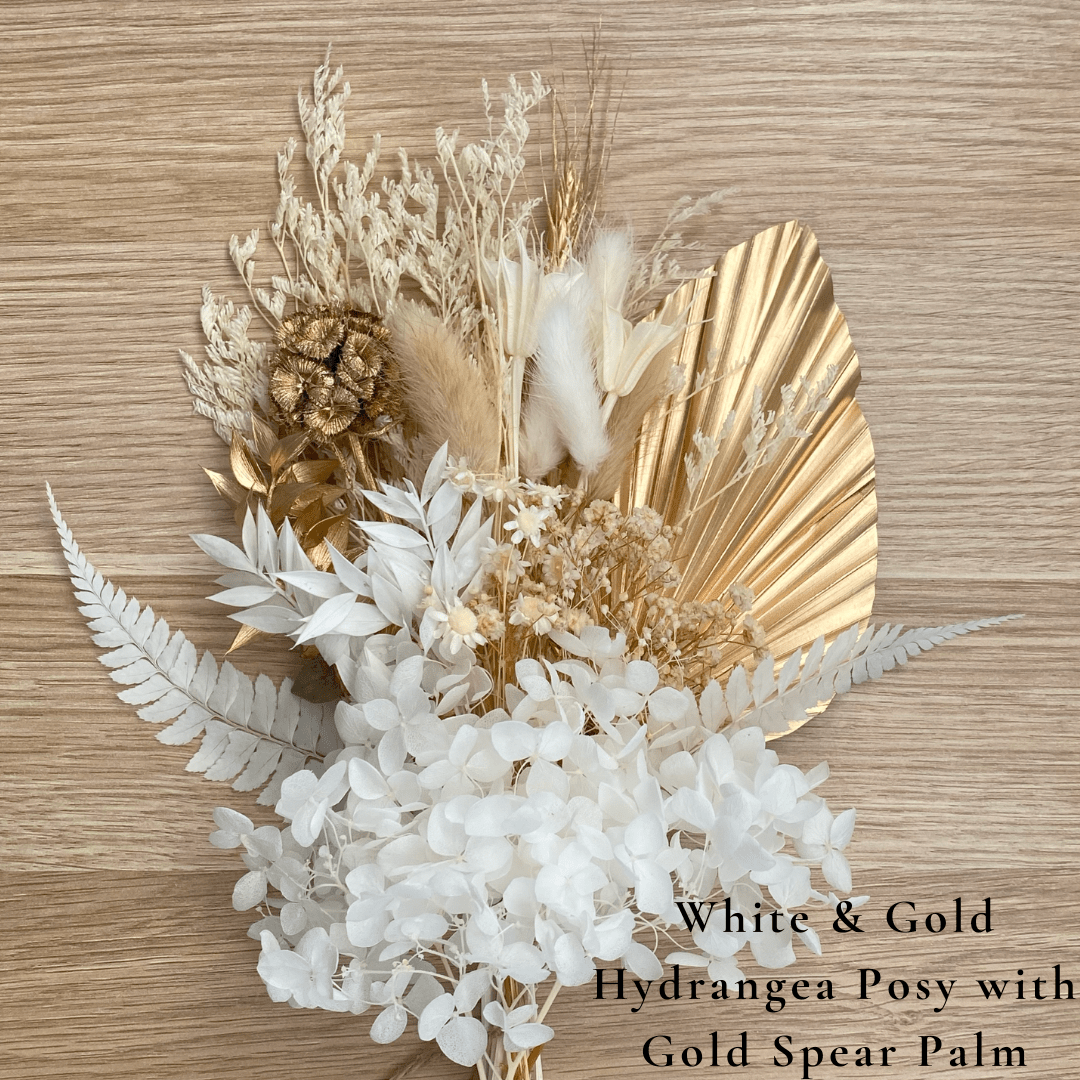 Dried Flower Bouquet Cake Topper with Hydrangea - Gold and White with Gold Palm Colour - Dried Flowers - The Sprinkle Bar