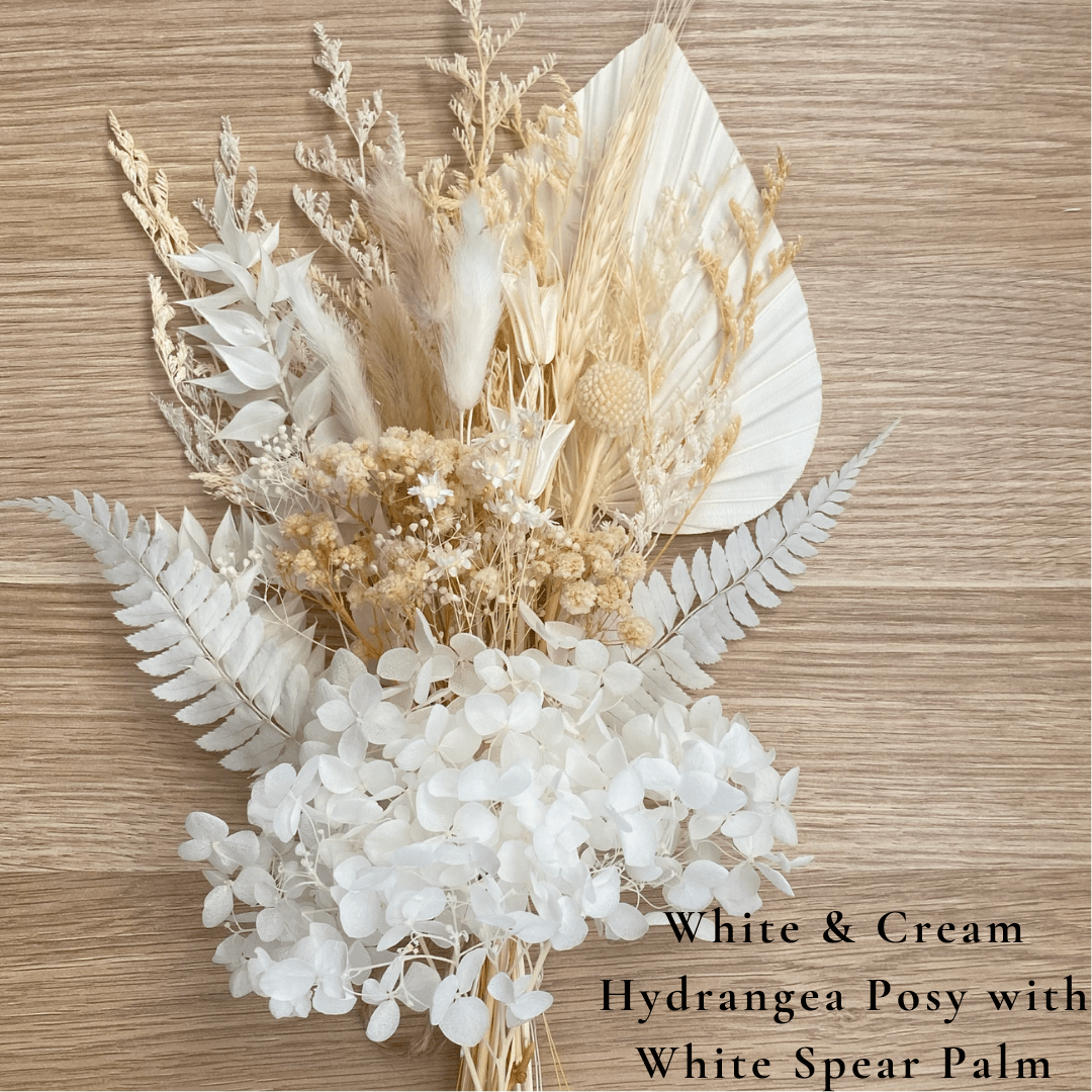 Dried Flower Bouquet Cake Topper with Hydrangea - Cream and White with White Palm Colour - Dried Flowers - The Sprinkle Bar