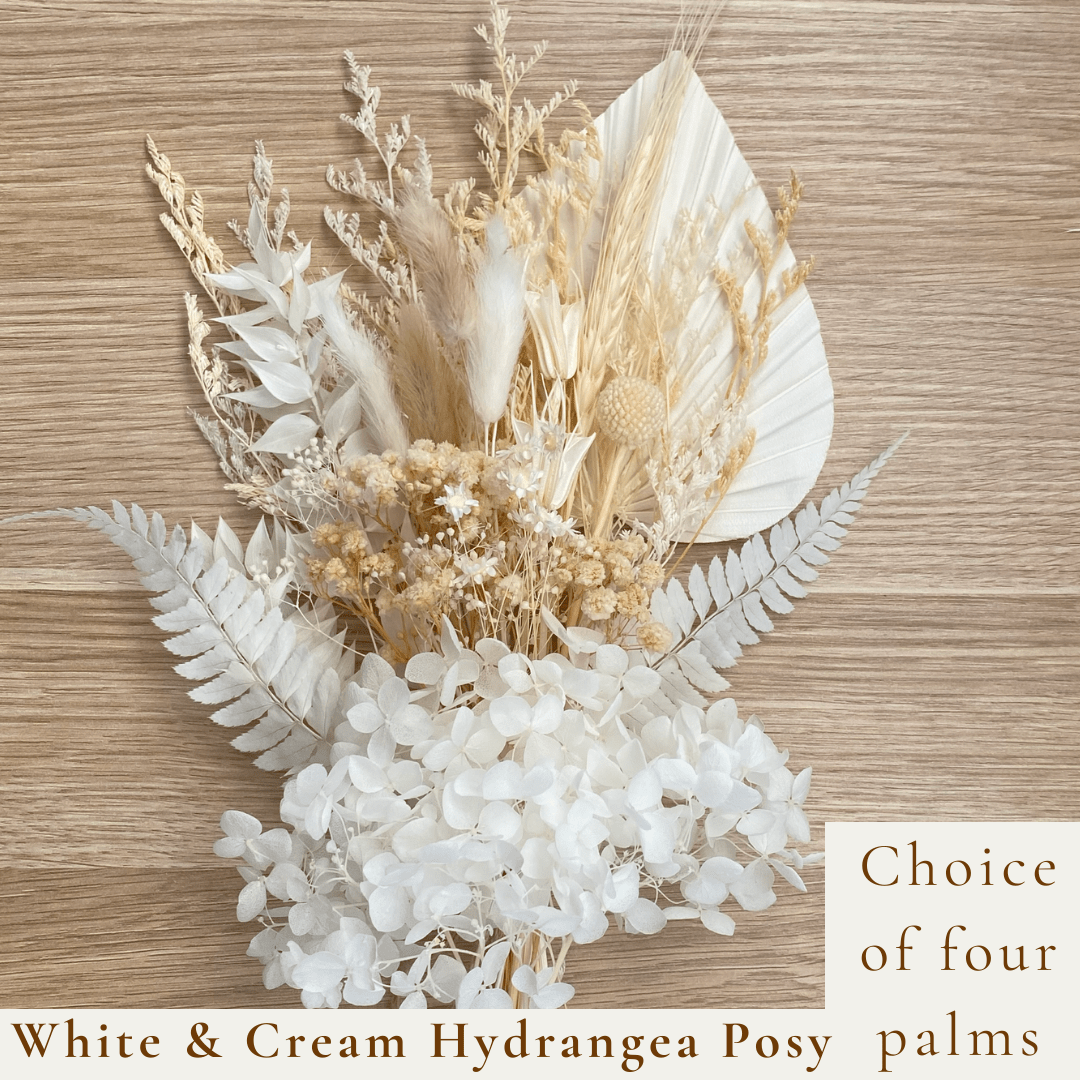 Dried Flower Bouquet Cake Topper with Hydrangea - Cream and White in 4 Spear Palm Colours - Dried Flowers - The Sprinkle Bar