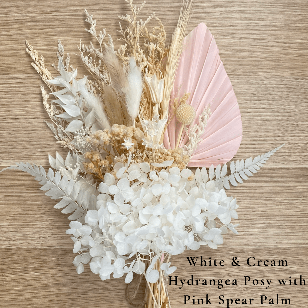 Dried Flower Bouquet Cake Topper with Hydrangea - Cream and White with Pink Palm Colour - Dried Flowers - The Sprinkle Bar
