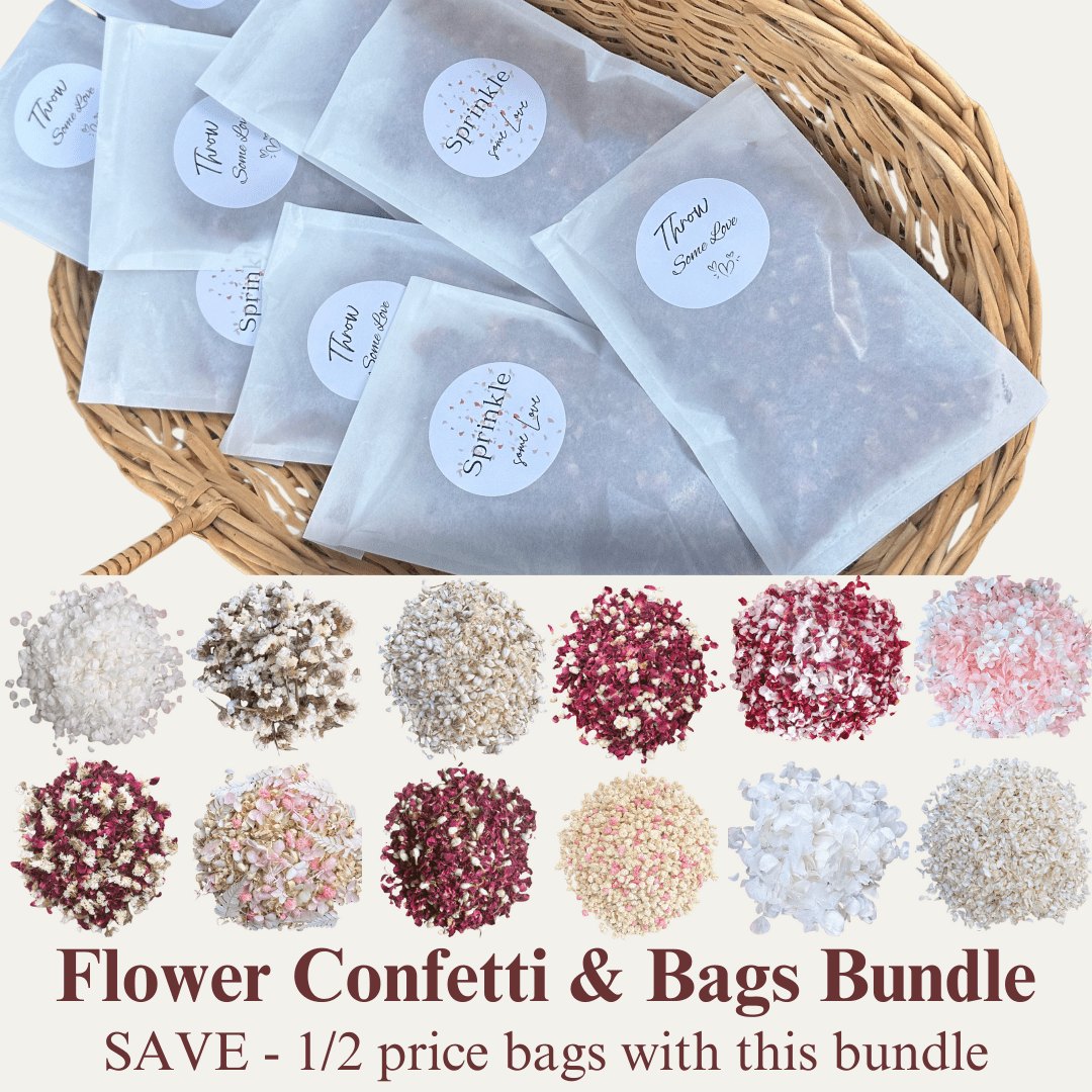 Wedding Confetti Bags Bundle with Stickers - Biodegradable Confetti - Dried Flower Confetti + Bags - The Sprinkle Bar